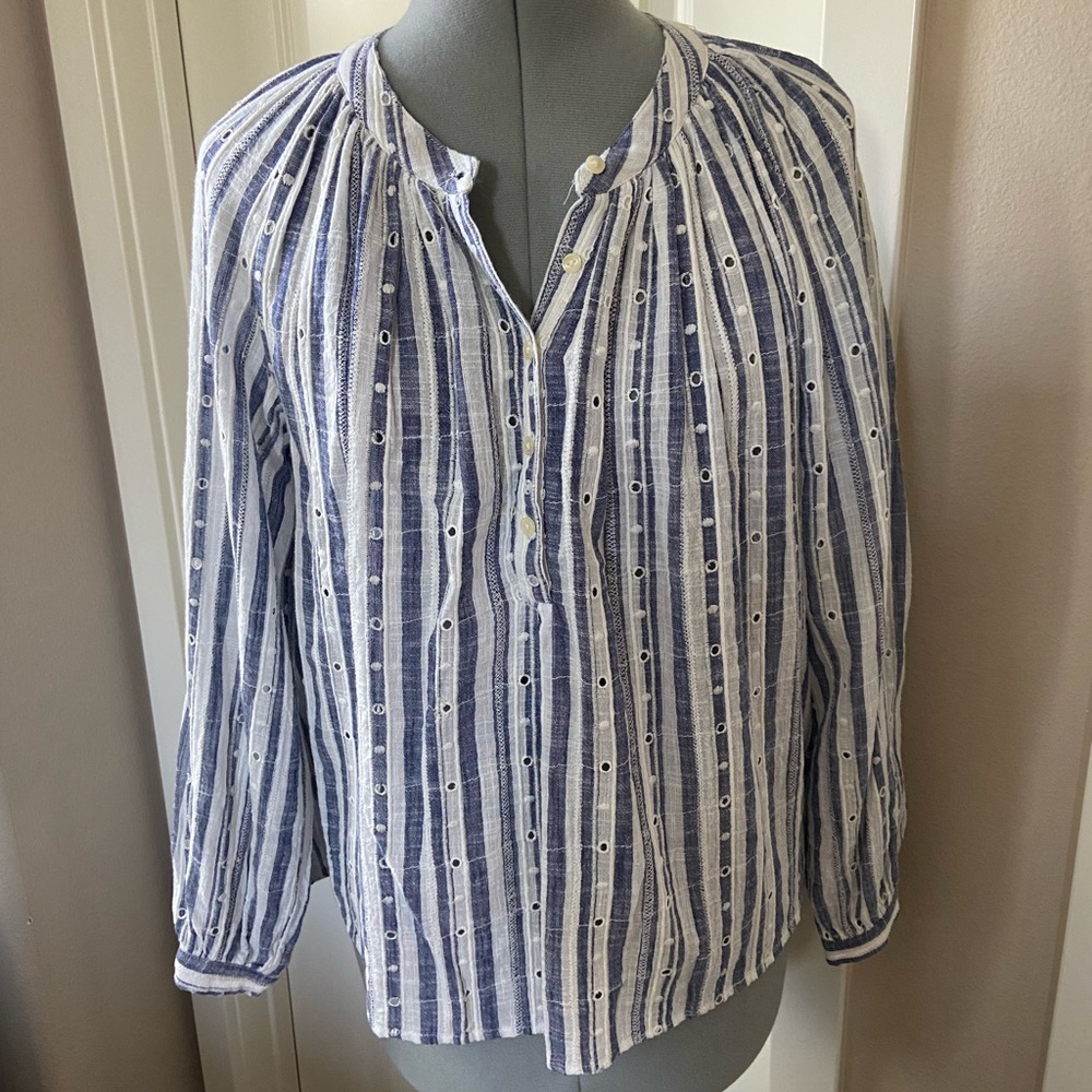 Lucky Brand Striped Eyelet Popover Blouse, Blue & White, Size M